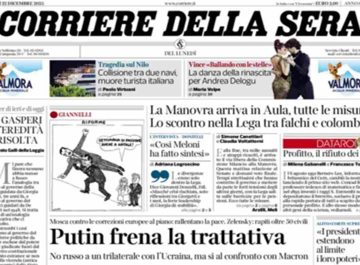 Il Corriere della Sera, la prima pagina di oggi