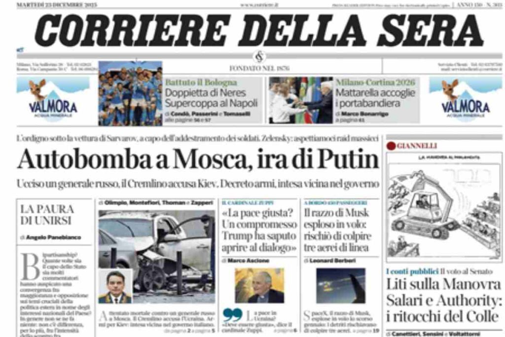 Il Corriere della Sera, la prima pagina di oggi