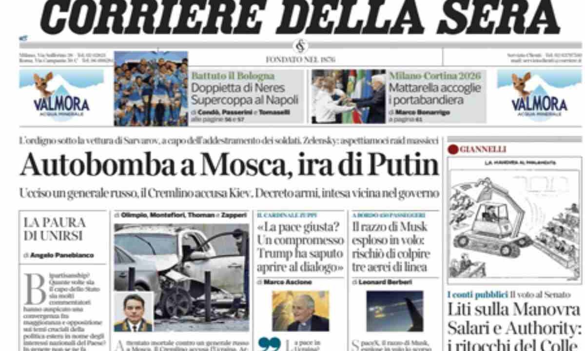 Il Corriere della Sera, la prima pagina di oggi