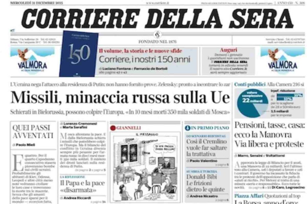 Il Corriere della Sera, la prima pagina di oggi.