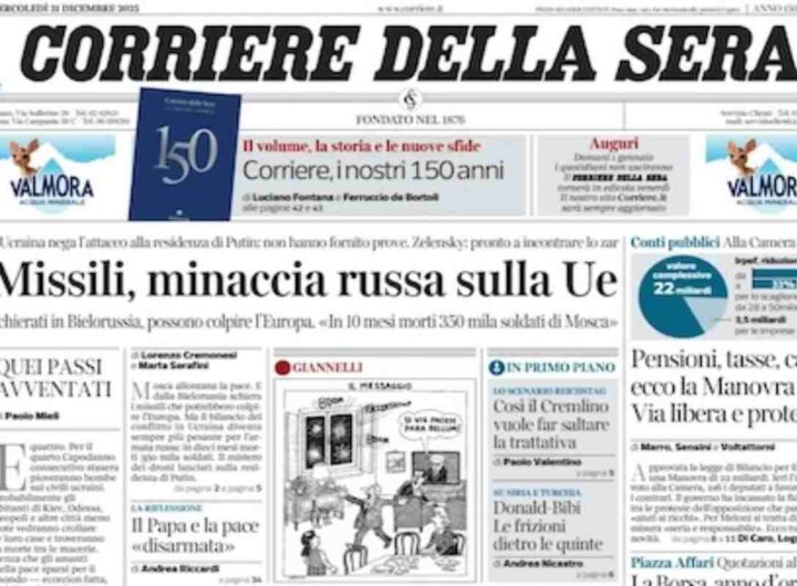 Il Corriere della Sera, la prima pagina di oggi.