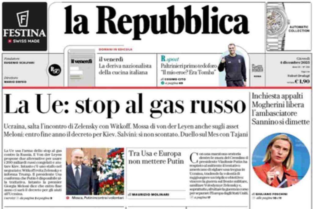 Repubblica, la prima pagina di oggi