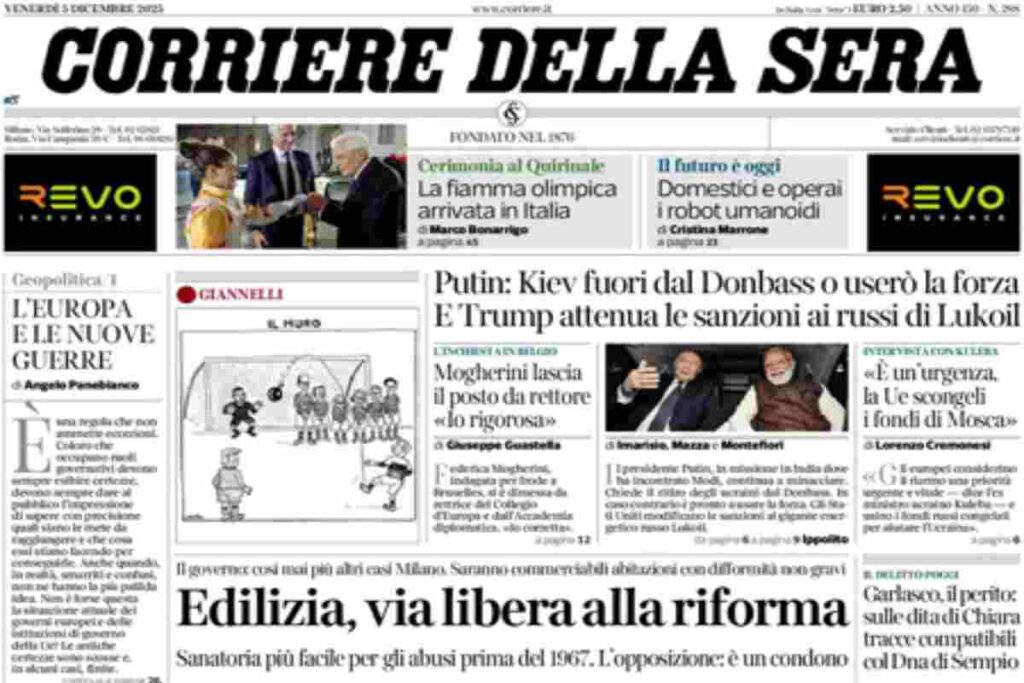 Il Corriere della Sera, la prima pagina di oggi