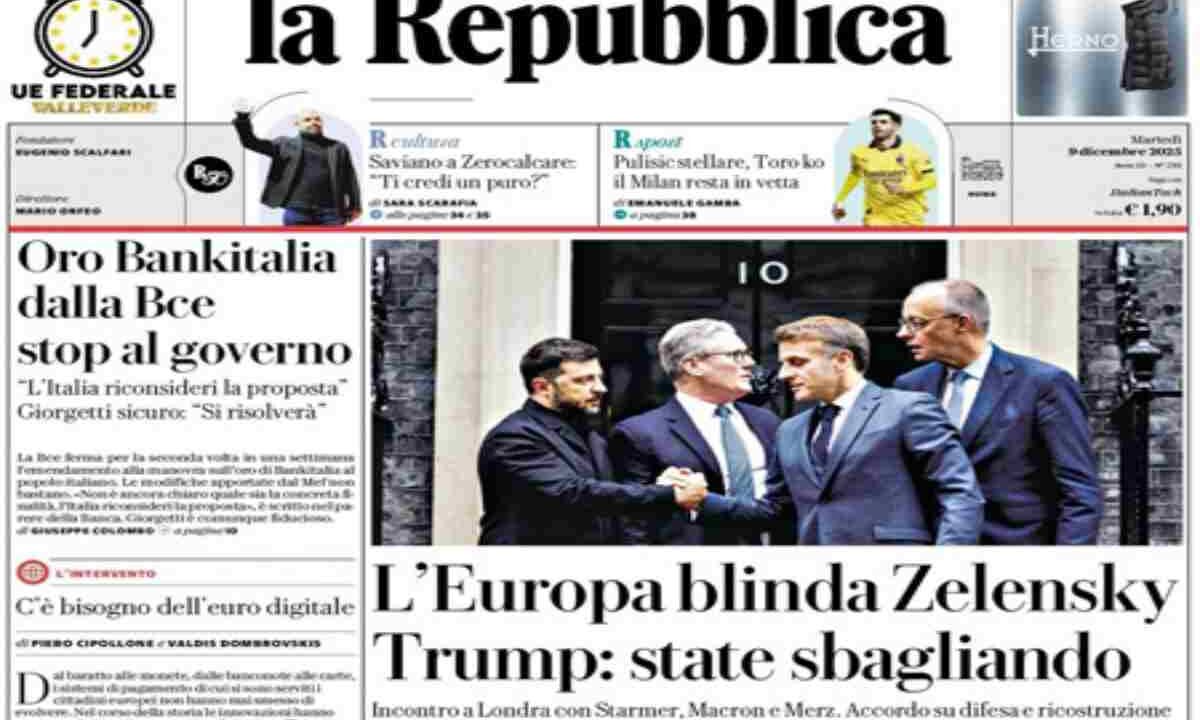 La Repubblica, la prima pagina di oggi
