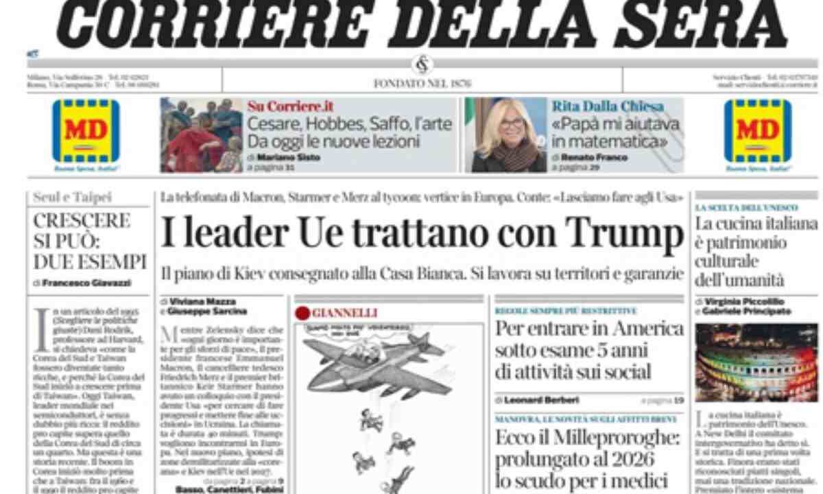 Il Corriere della Sera, la prima pagina di oggi