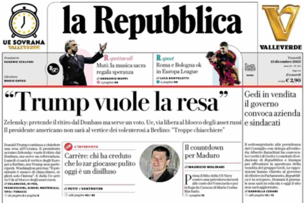 La Repubblica, la prima pagina di oggi