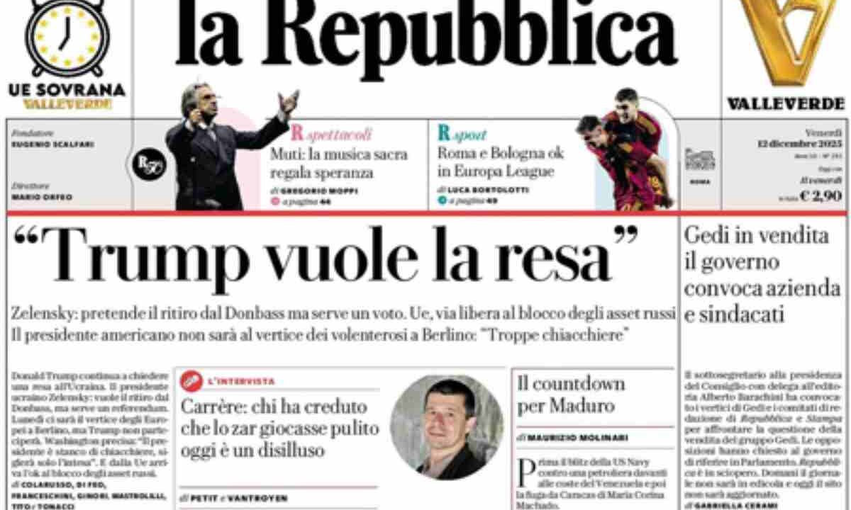 La Repubblica, la prima pagina di oggi