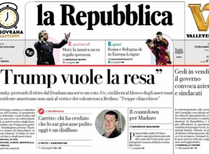 La Repubblica, la prima pagina di oggi
