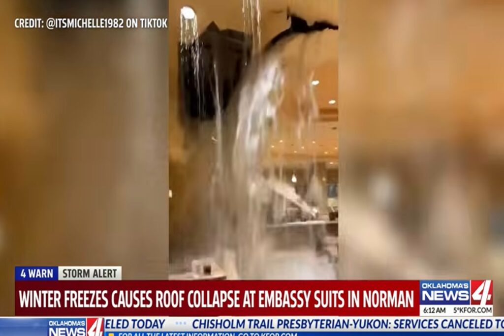 Il video del crollo del soffitto in un hotel in Oklahoma