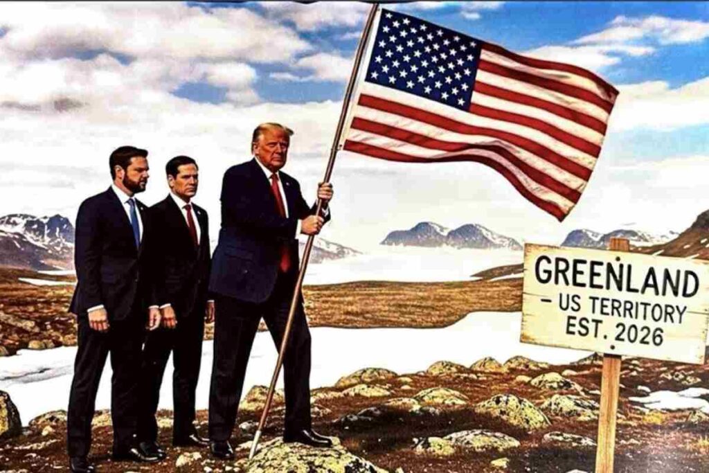 Fotomontaggio di Trump in Groenlandia con la bandiera statunitense