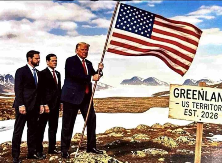 Fotomontaggio di Trump in Groenlandia con la bandiera statunitense