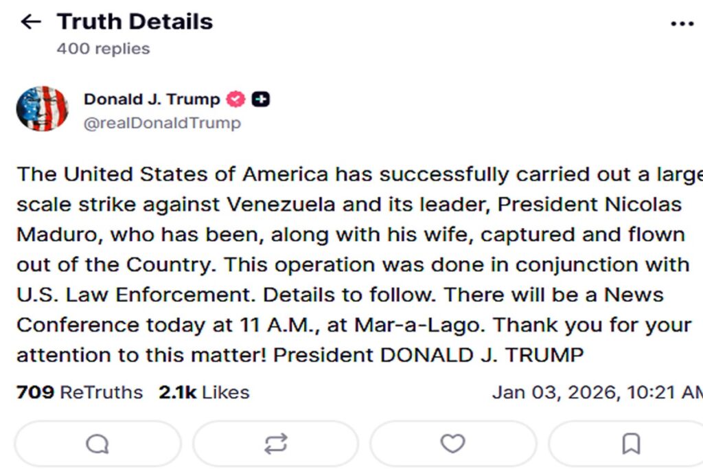 Venezuela, il post su Truth di Donald Trump