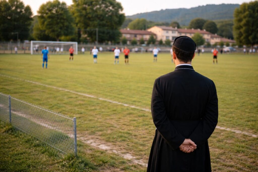 prete guarda partita di calcio
