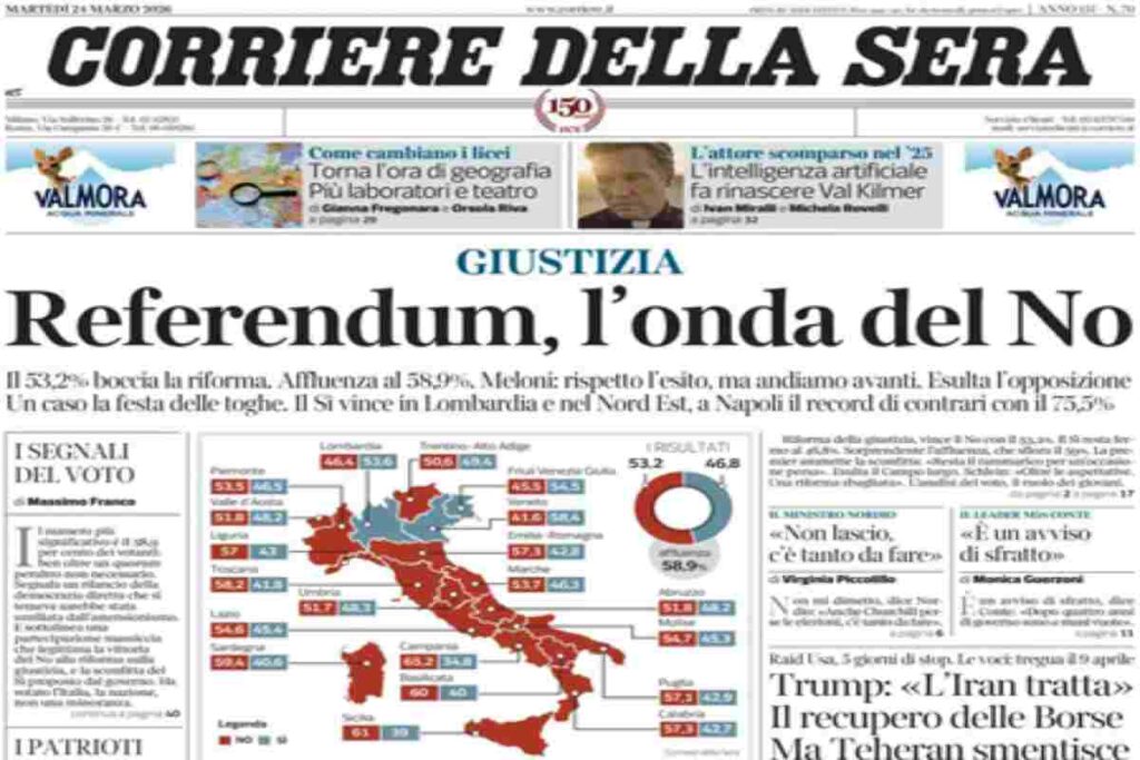 Il Corriere della Sera, la prima pagina di oggi