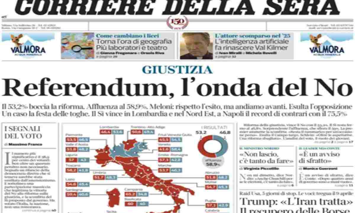 Il Corriere della Sera, la prima pagina di oggi