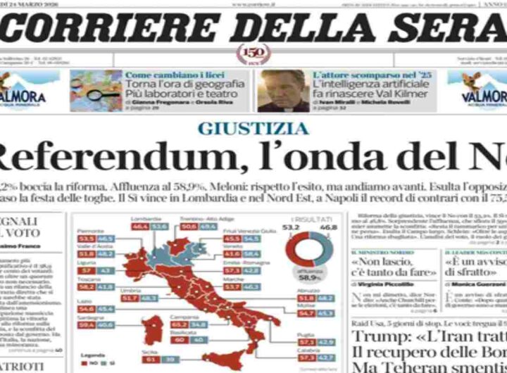 Il Corriere della Sera, la prima pagina di oggi