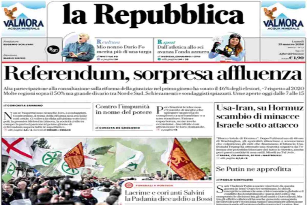 Repubblica, la prima pagina di oggi
