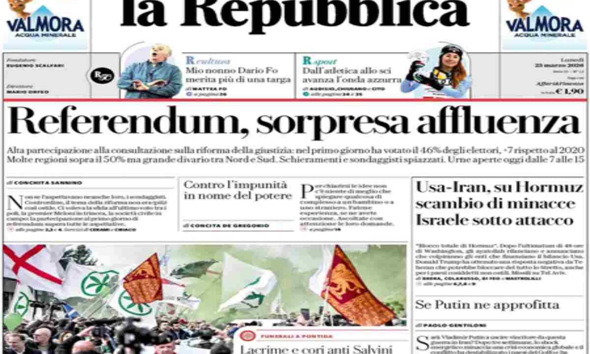 Repubblica, la prima pagina di oggi