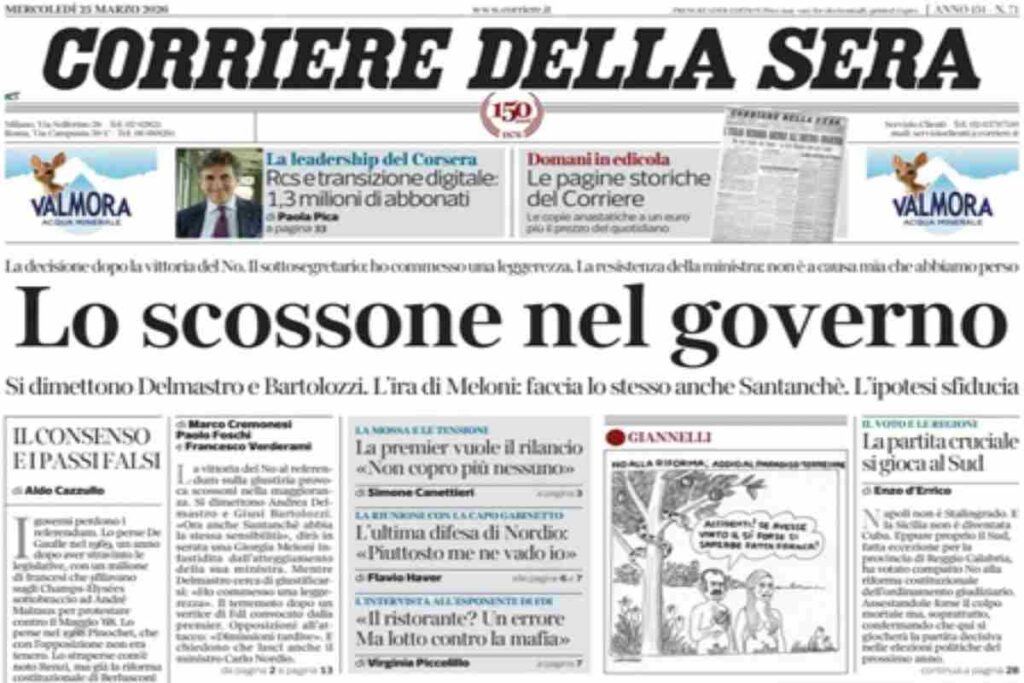 Il Corriere della Sera, la prima pagina di oggi