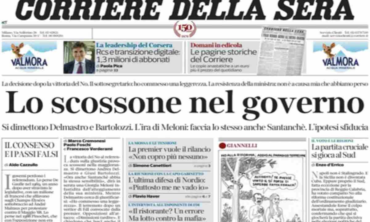 Il Corriere della Sera, la prima pagina di oggi