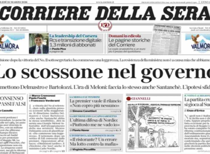 Il Corriere della Sera, la prima pagina di oggi