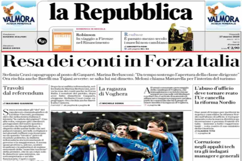 Repubblica, la prima pagina di oggi