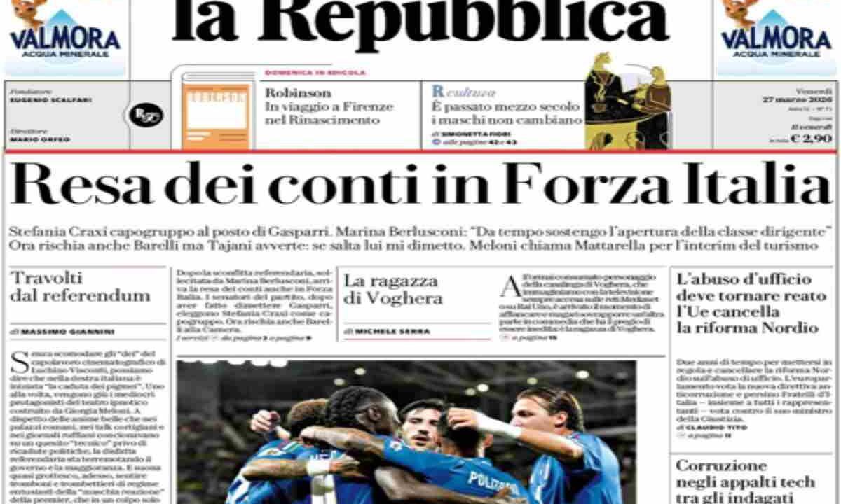 Repubblica, la prima pagina di oggi