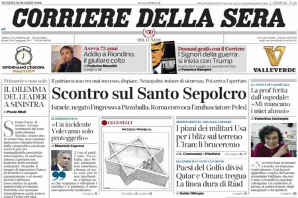 Il Corriere della Sera, la prima pagina di oggi