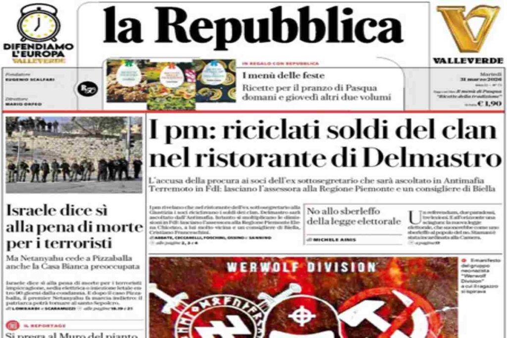 Repubblica, la prima pagina di oggi