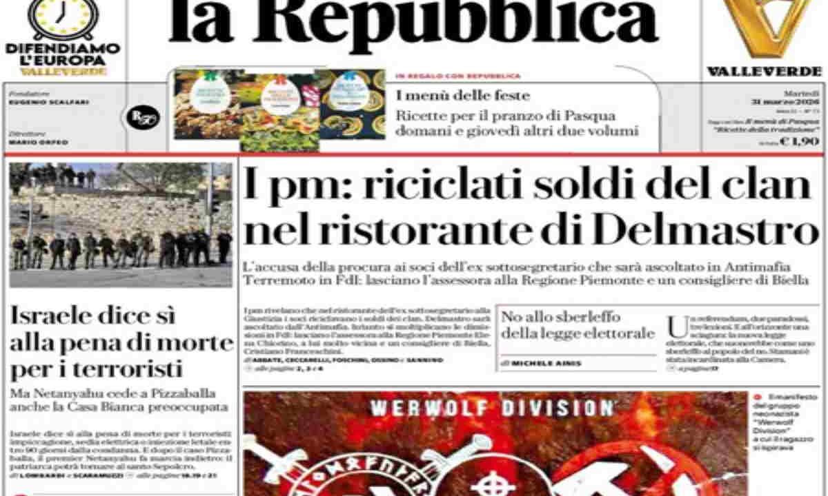 Repubblica, la prima pagina di oggi