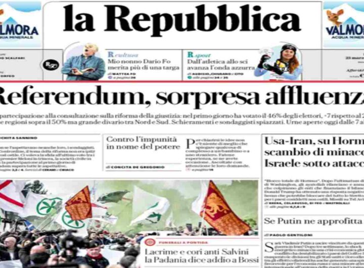 Repubblica, la prima pagina di oggi