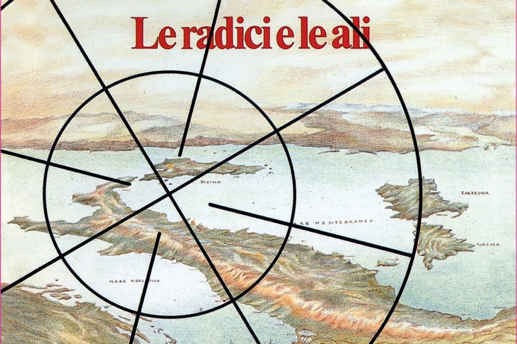 Particolare della copertina dell'album Le radici e le ali dei Gang, con una cartina dell'Italia vista dentro il mirino di un fucile