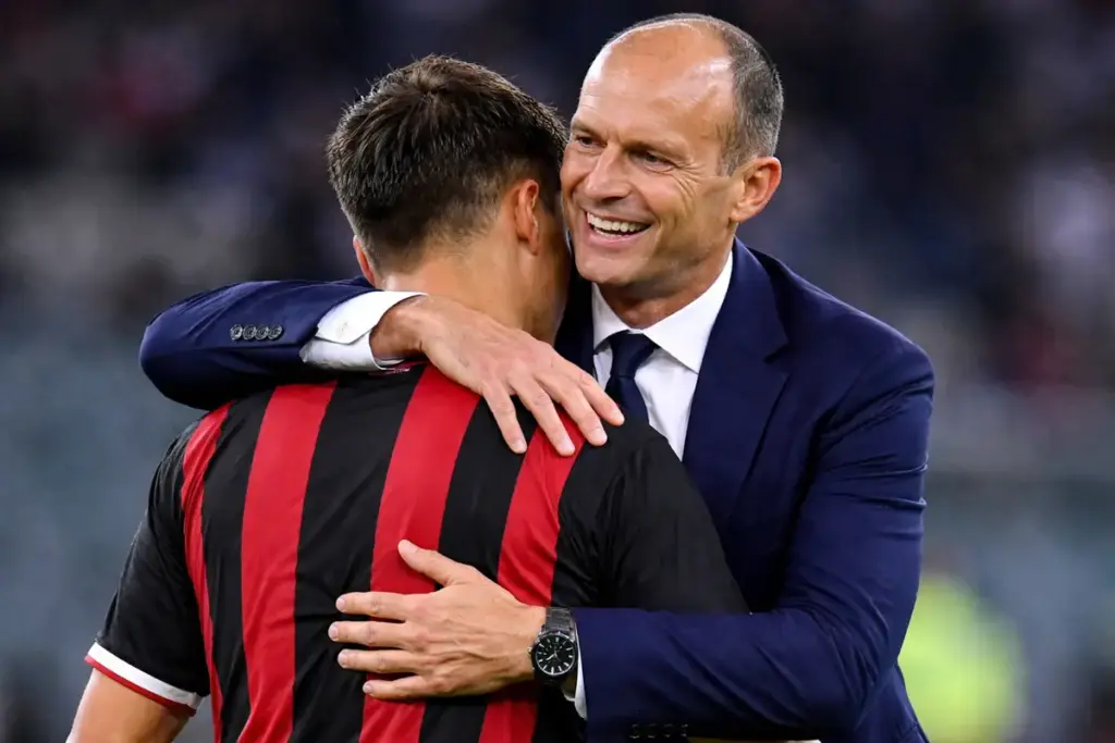 Allegri abbraccia Dybala con la maglia del Milan, immagine creata con l'intelligenza artificiale