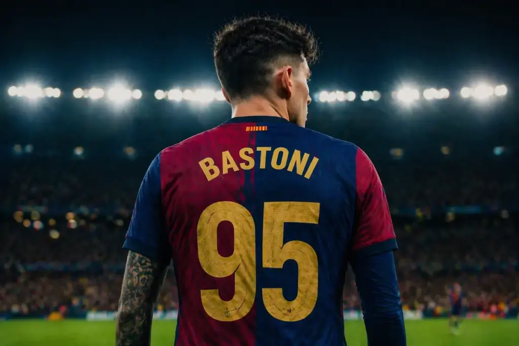 Bastoni con la maglia numero 95 del Barcellona, immagine creata con l'intelligenza artificiale