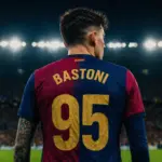Bastoni con la maglia numero 95 del Barcellona, immagine creata con l'intelligenza artificiale