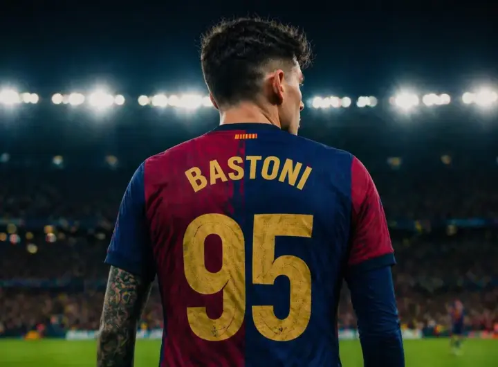 Bastoni con la maglia numero 95 del Barcellona, immagine creata con l'intelligenza artificiale