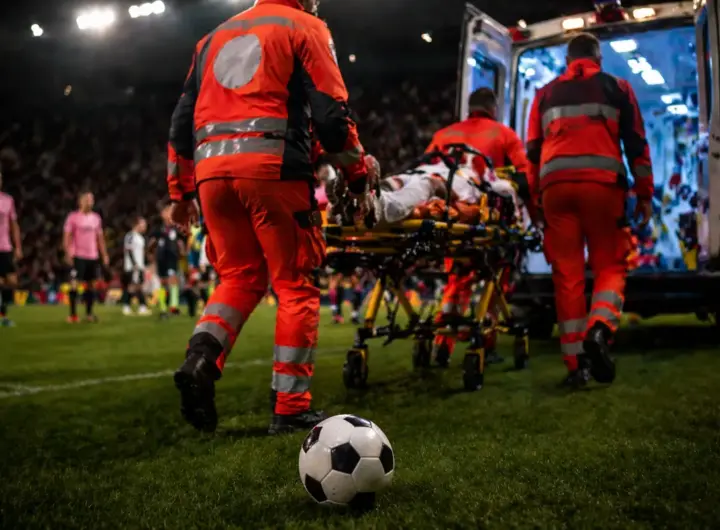 Giocatore trasportato in ospedale in ambulanza, immagine creata con intelligenza artificiale