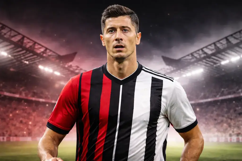 Lewandowski con metà maglia del Milan e metà maglia della Juventus