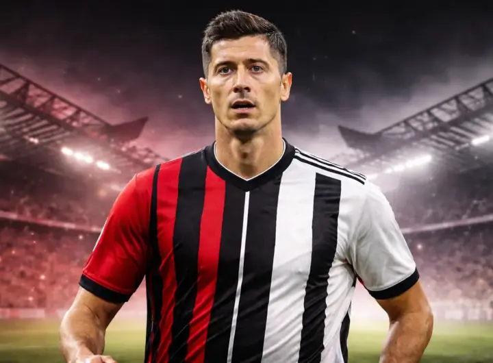 Lewandowski con metà maglia del Milan e metà maglia della Juventus