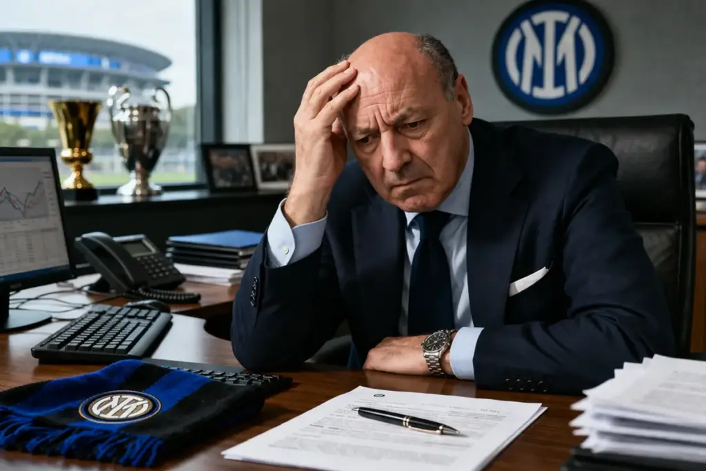Marotta preoccupato nel suo ufficio da presidente dell'Inter