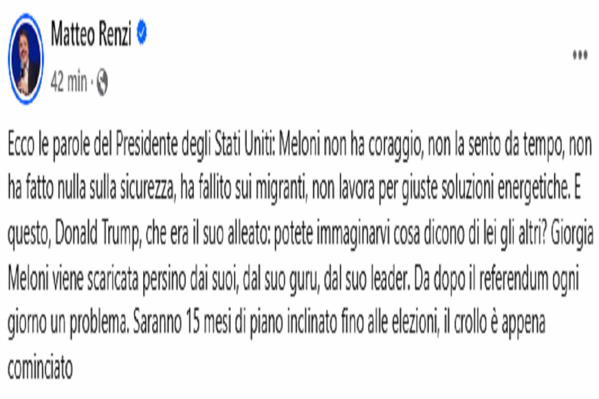 Il post di Matteo Renzi Su Facebook