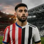 Nico Gonzalez con mezza maglia Atletico Madrid e mezza maglia Juventus