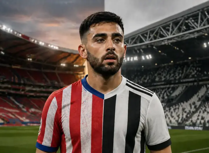 Nico Gonzalez con mezza maglia Atletico Madrid e mezza maglia Juventus