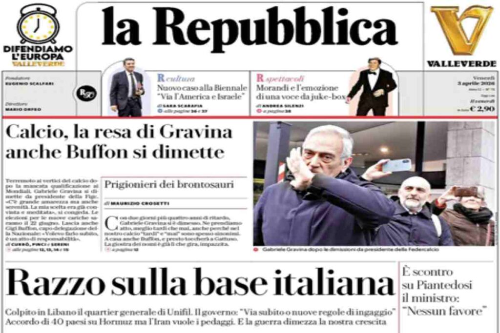 La Repubblica, la prima pagina di oggi