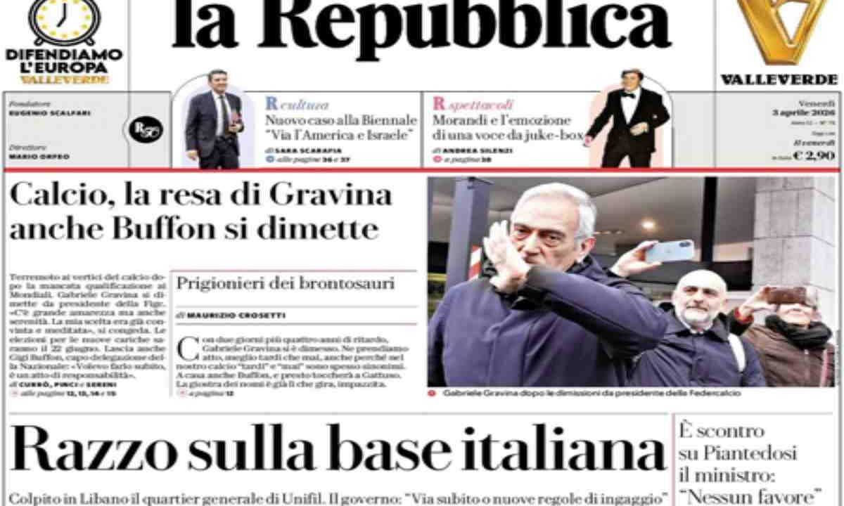 La Repubblica, la prima pagina di oggi