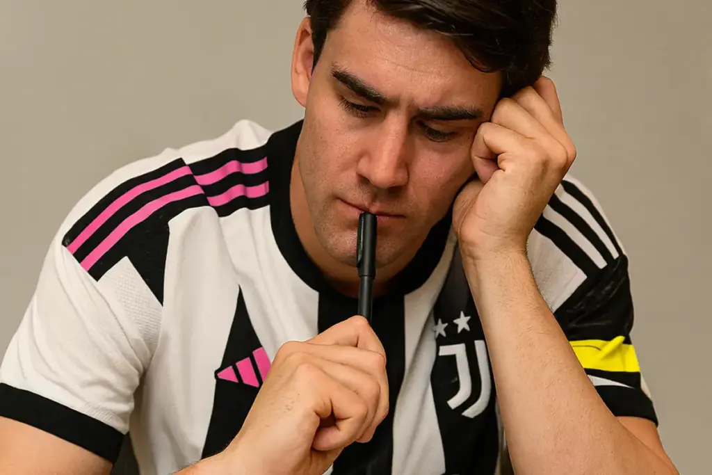 Vlahovic dubbioso con una penna in mano e il rinnovo di contratto sul tavolo, immagine creata con intelligenza artificiale