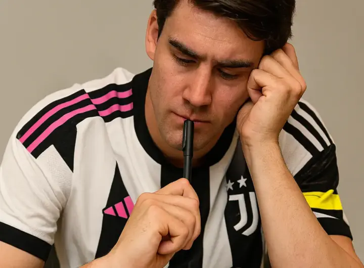 Vlahovic dubbioso con una penna in mano e il rinnovo di contratto sul tavolo, immagine creata con intelligenza artificiale