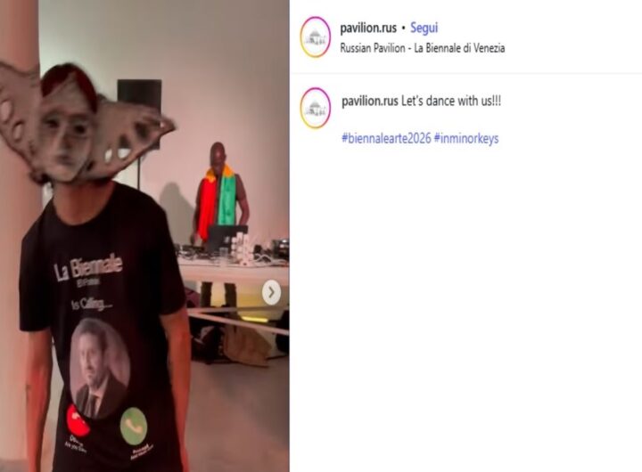 Biennale di Venezia, il video della festa al padiglione Russo: sulla t-shirt c'è la faccia de "El Patron" Pietrangelo Buttafuoco
