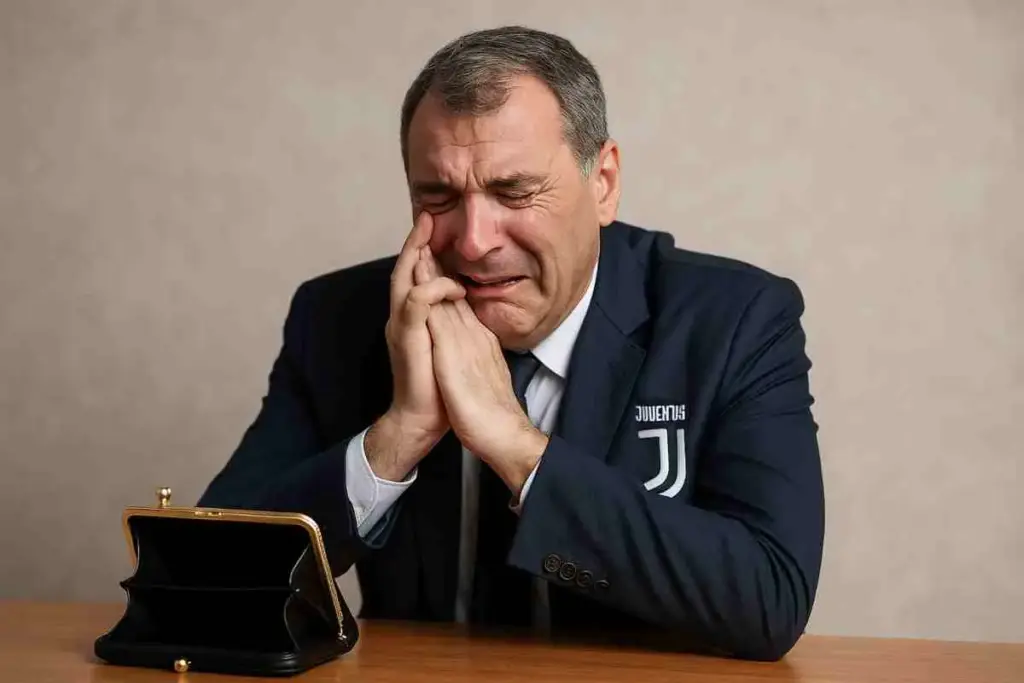 Comolli, amministratore delegato della Juventus, in lacrime, immagine creata con intelligenza artificiale