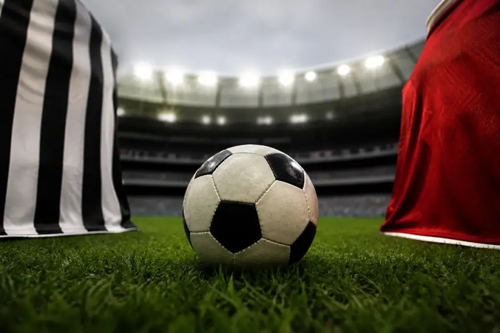 Un maglia bianconera e una rossa di fronte, in mezzo un pallone in un campo da calcio